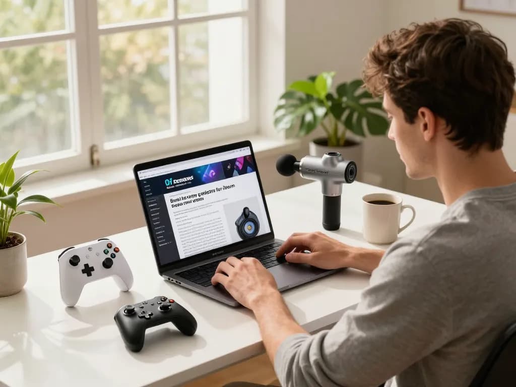 Explore the best tech gadgets for men in a vibrant workspace with a young man using cutting-edge devices like the 8BitDo controller and Fitbit Charge 6.