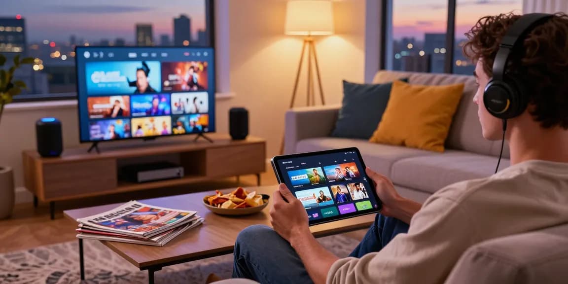 Experience digital entertainment on https://rokok88.co with cozy modern setting, gadgets, and streaming interface.