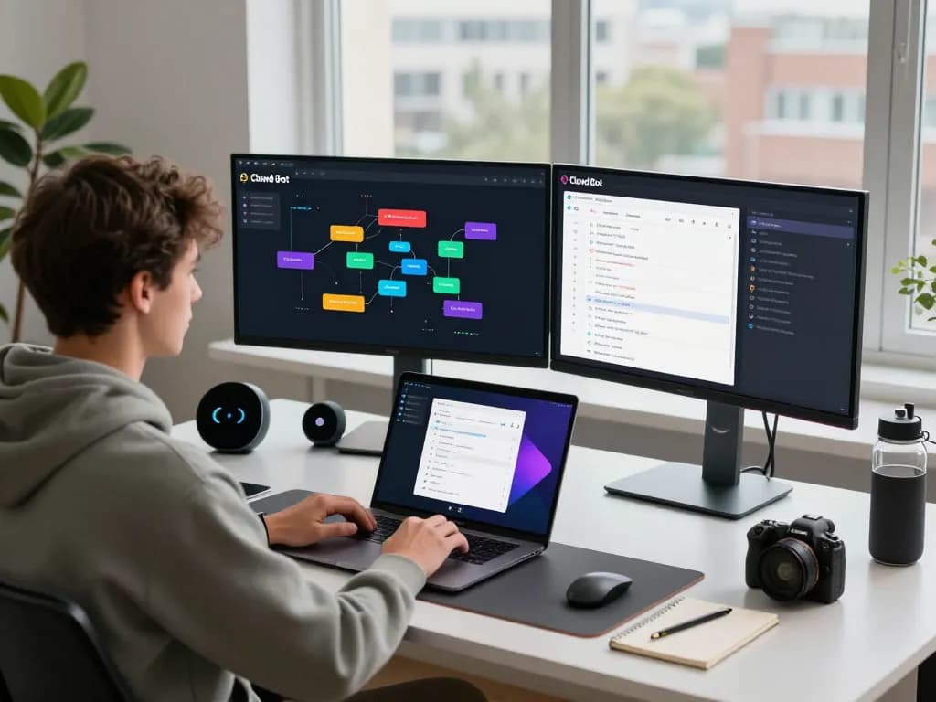 Developer using Clawd Bot in a modern workspace with dual monitors and smart devices.