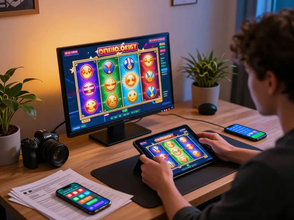 Pengalaman permainan slot online yang menarik menunjukkan bonusnewmember di tablet dengan visual berwarna dan catatan strategis