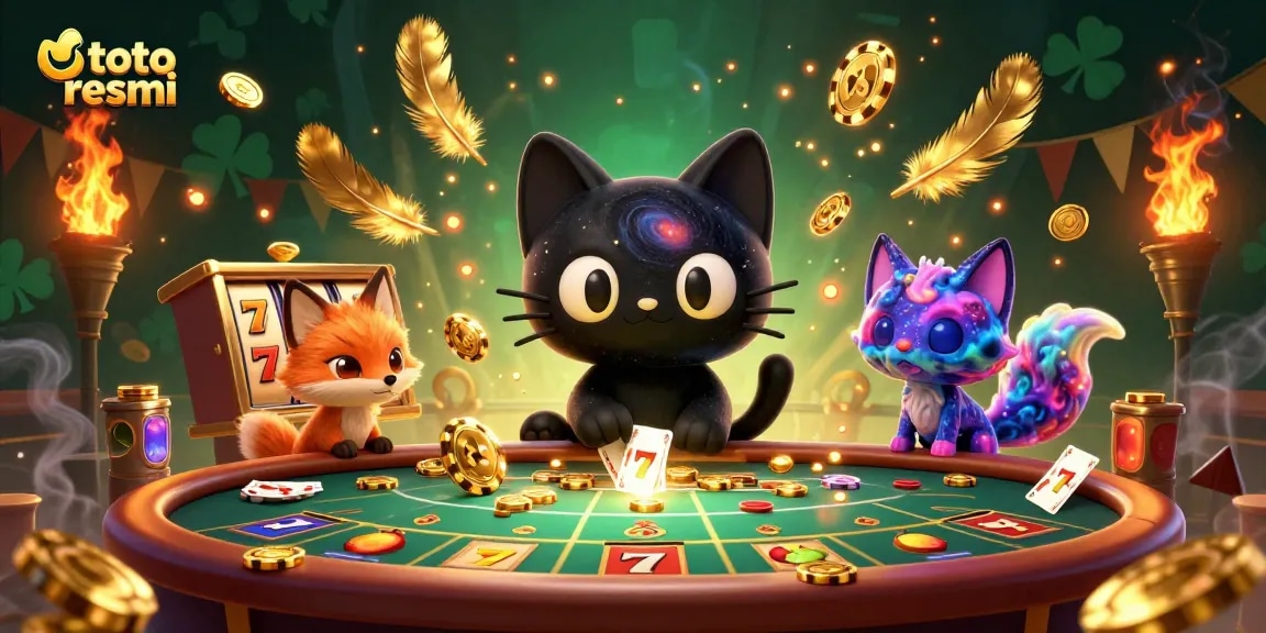 Toto resmi menampilkan kucing hitam berputar di kasino luar angkasa dengan simbol slot dan koin emas.