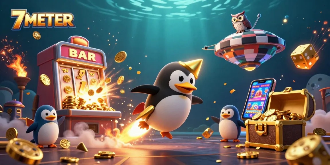 Spin to win with 7METER and a dynamic cartoon scene featuring a golden penguin navigating a jackpot adventure and bursting with gaming excitement.