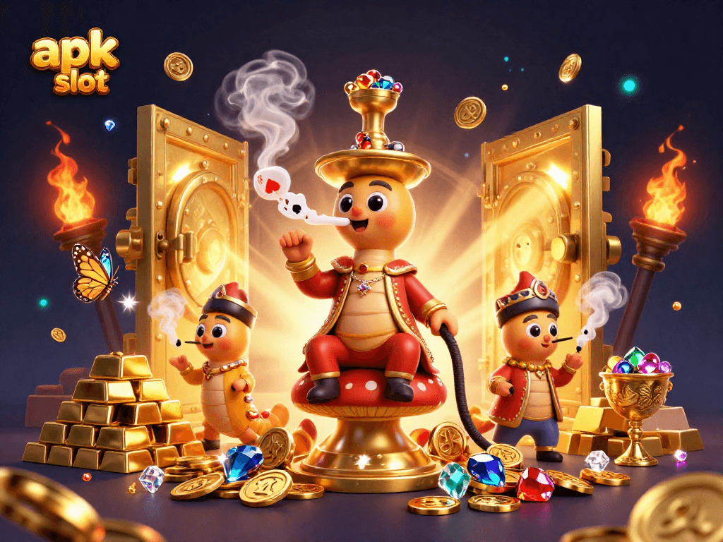 Rasakan pengalaman apk slot dengan ilustrasi 3D yang penuh warna, simbol poker dan koin emas menari.