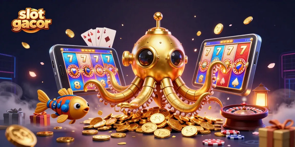 Experience thrilling gameplay with slot gacor, featuring a golden kraken submarine in a dazzling casino scene.