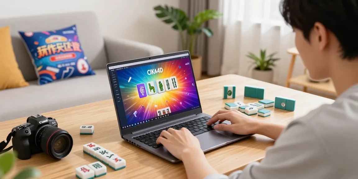 Engaged user playing Mahjong online with CIKA4D app on a laptop in a cozy living room.