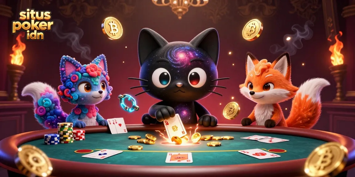 Engage in thrilling poker action with situs poker idn, featuring a cartoon black hole cat at a colorful poker table.