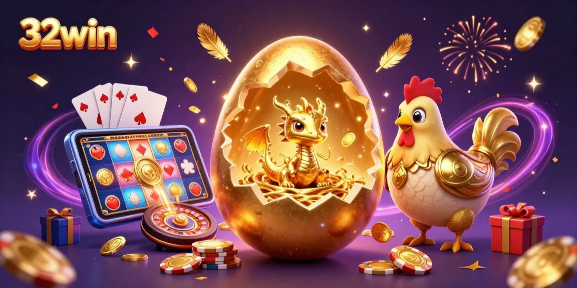 Experience thrilling gameplay with 32win's golden dragon and poker chips, surrounded by vibrant casino elements.
