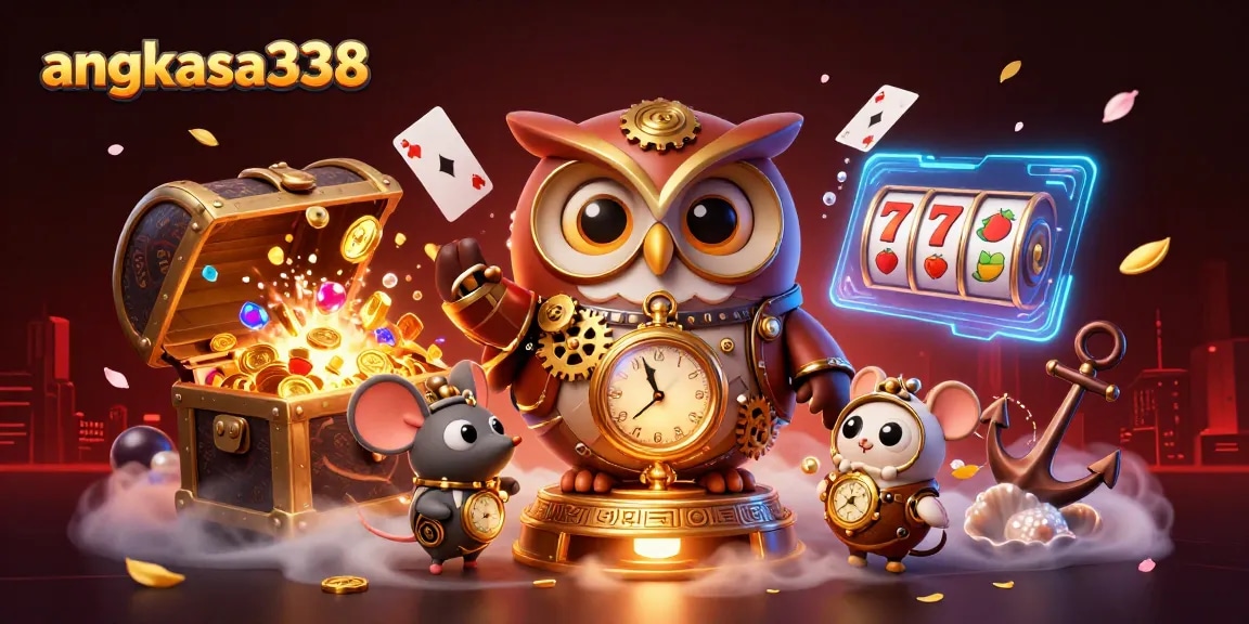 Engage with angkasa338 through a vibrant 3D casino splash featuring exciting slot reels and cheerful characters.
