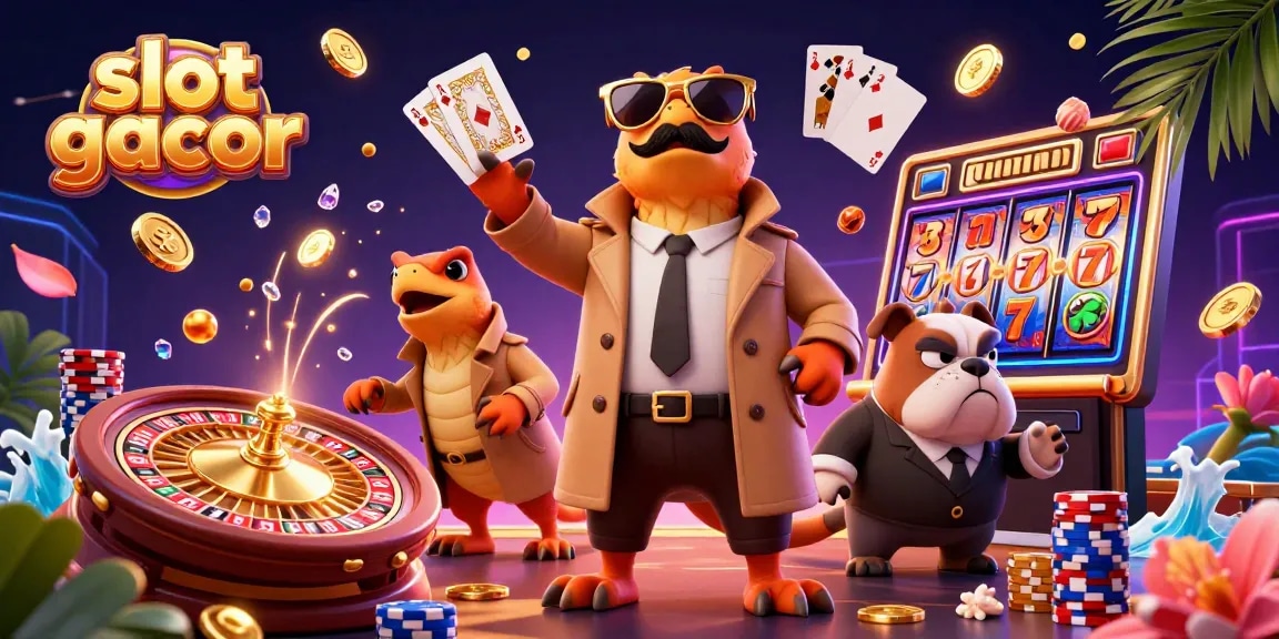 Experience exciting slot gacor adventures with colorful poker chips, cascading coins, and thrilling gaming elements.
