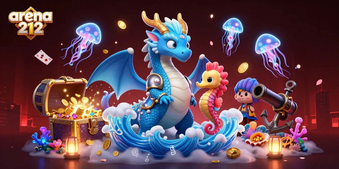 arena212 menjanjikan pengalaman bermain game online yang menarik dengan ilustrasi karakter laut yang dinamis dan elemen kasino berwarna-warni.