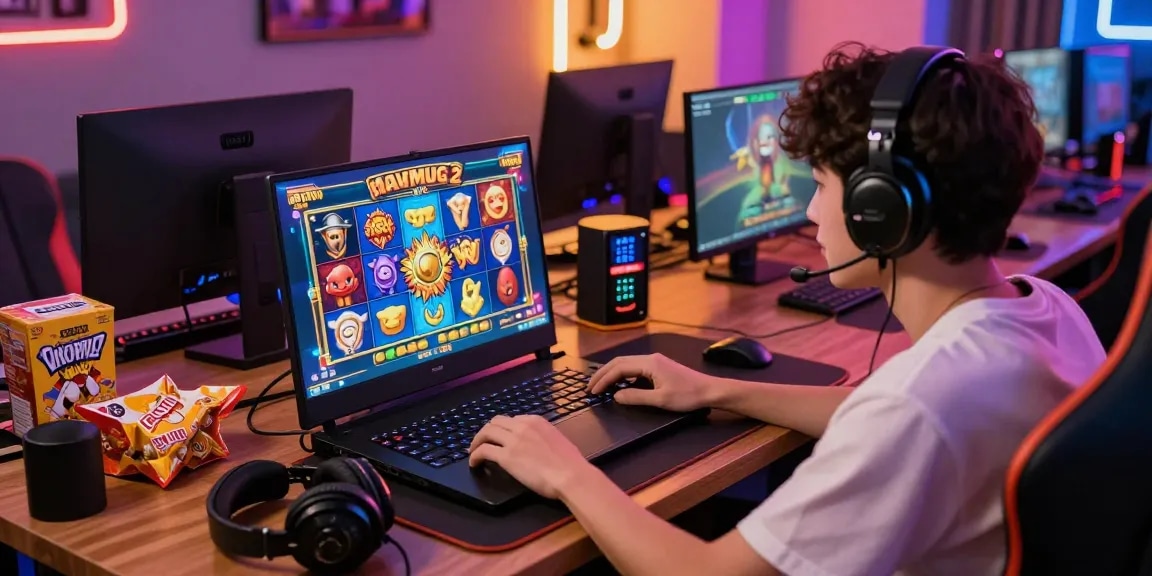 Excited player enjoying situs slot gacor experience on gaming laptop with colorful graphics in a cozy setting.
