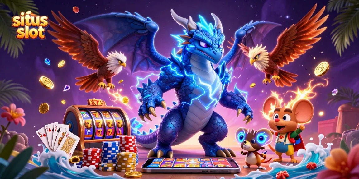 Experience situs slot thrills with a thunder dragon, wind hawk, and vibrant casino elements.
