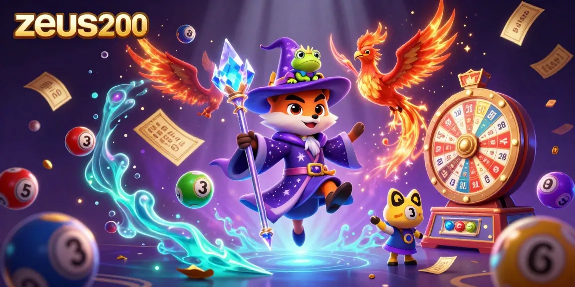 Gambarkan zeus200 dengan si penyihir rubah dan phoenix saat memenangkan lotere yang berkilau.
