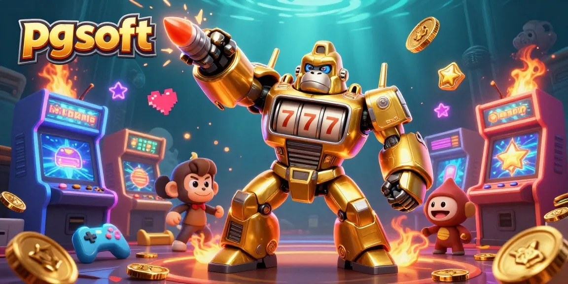 Experience thrilling gameplay with pg soft as the golden gorilla mech explodes with coins in an arcade-inspired casino.