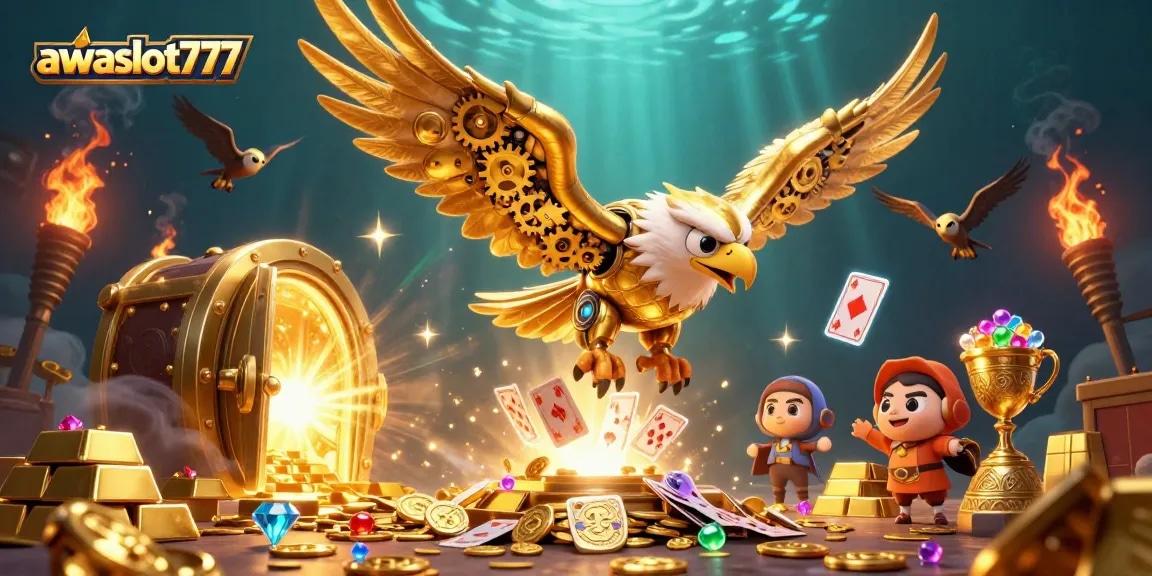 Experience thrilling wins at awslot777 with a dynamic golden eagle diving among holographic cards.