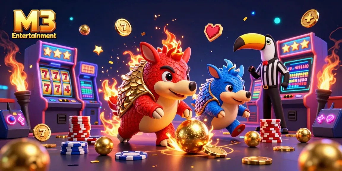 M3 Entertainment showcases a dynamic scene where rival pangolins engage in a thrilling slot battle, surrounded by casino elements.