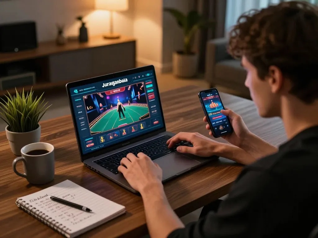 Player experiencing Juraganbola on a sleek laptop, demonstrating online gaming strategy in a cozy atmosphere.