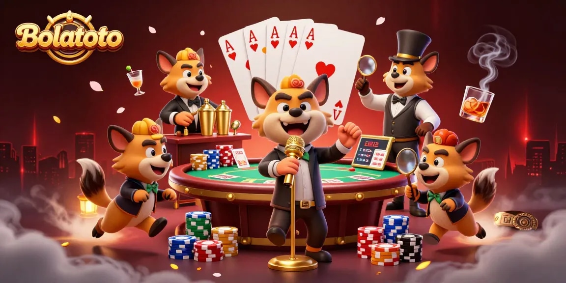 Bolatoto showcases a lively casino scene with hyenas as comedians, bartenders, and bouncers amidst poker elements.