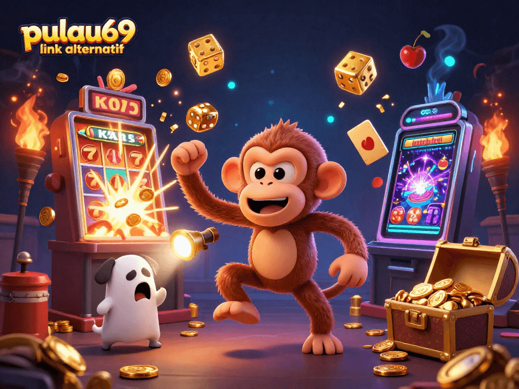 Engaging scene showcasing pulau69 link alternatif with a mischievous monkey and a curious puppy in a vibrant casino.