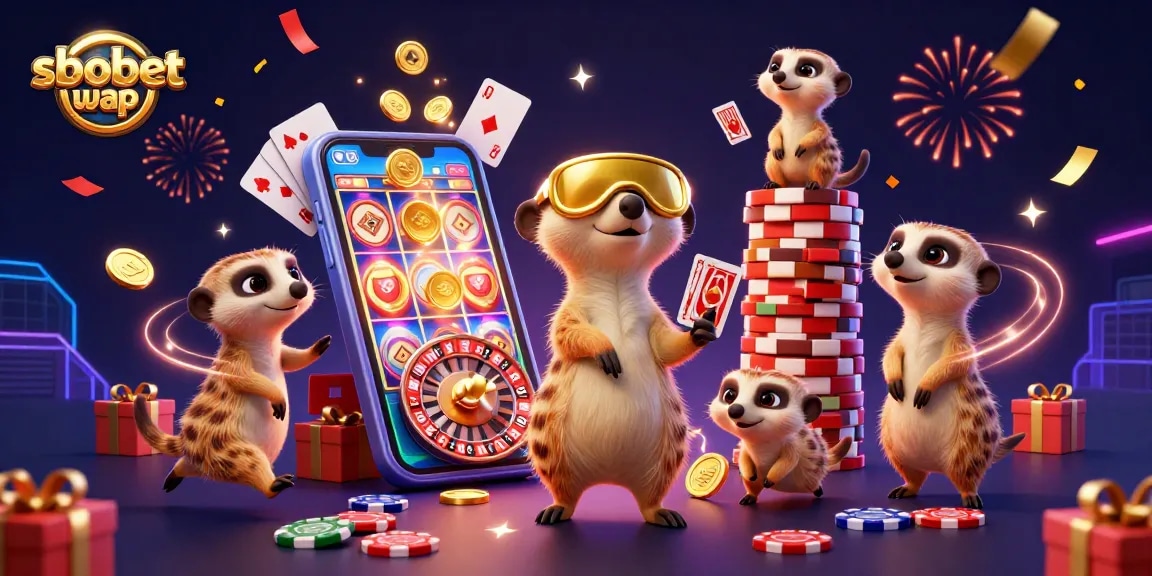 Bet on sbobet wap with lively meerkats managing an exciting casino scene filled with colorful gaming elements.