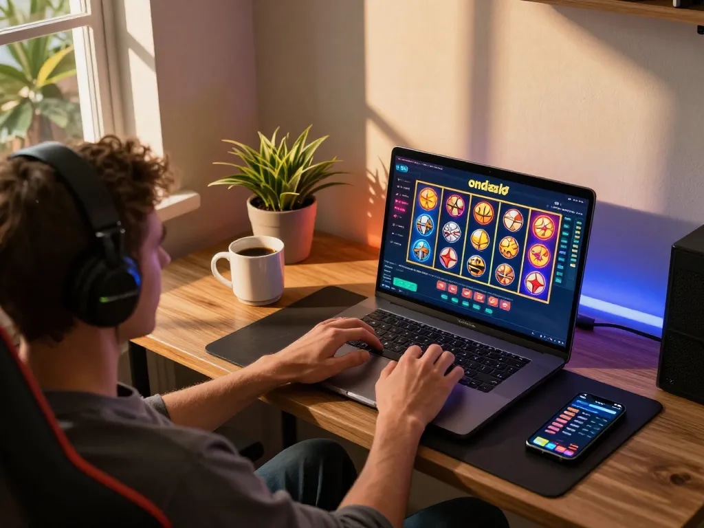 Terlibat dalam permainan ondel4d di rumah dengan antarmuka slot berwarna-warni yang ditampilkan di laptop