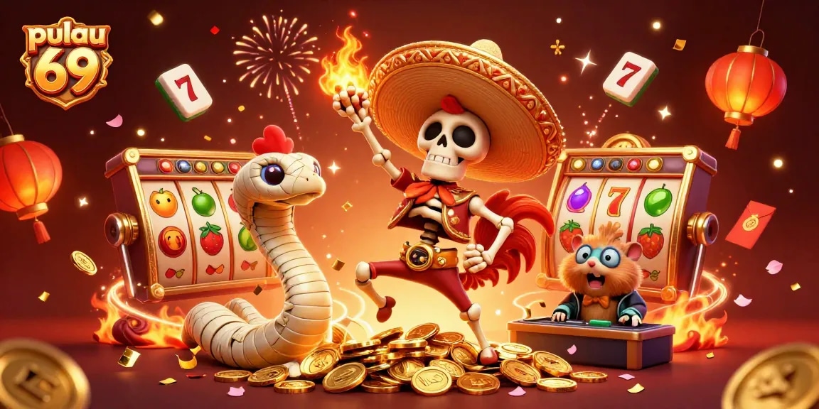 Pulau 69 celebrates winning at slot machines with vibrant musical characters and festive elements.