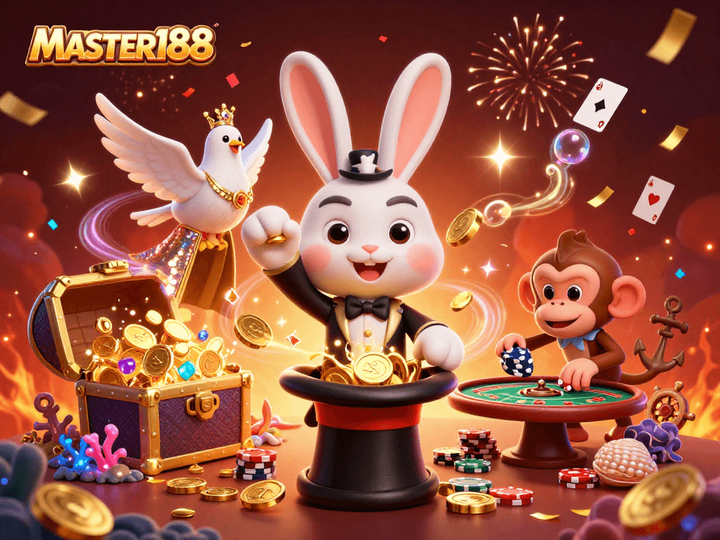MASTER188 captures the excitement of casino gaming with vibrant 3D characters and colorful elements