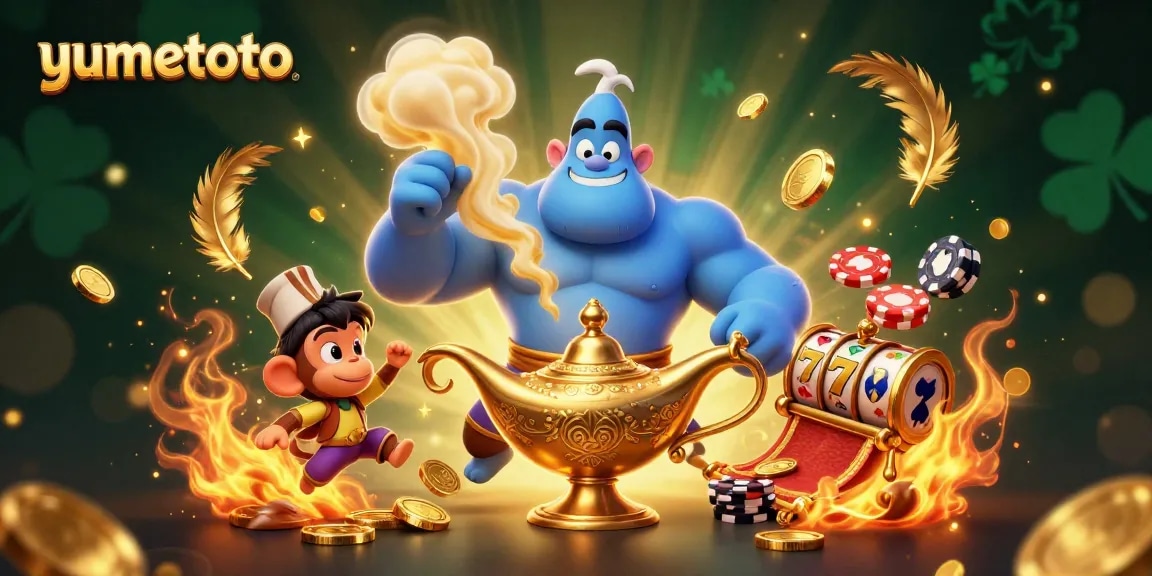 Engage in thrilling gameplay with yumetoto's dynamic casino scene featuring a powerful genie, monkey, and slot reels.