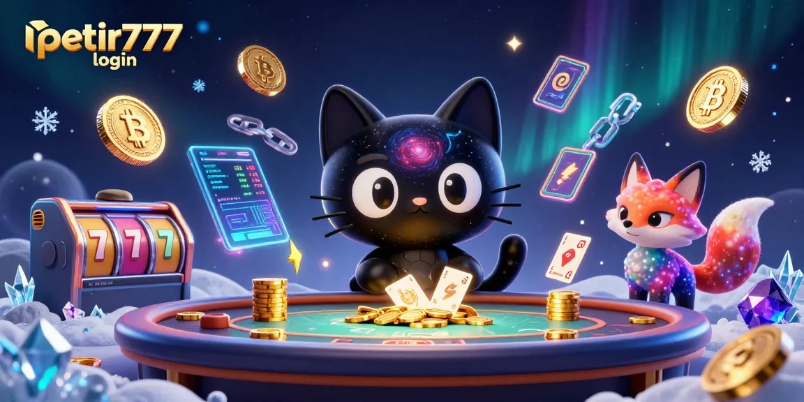 Engage with petir777 login at a vibrant cosmic casino, featuring a black hole cat and colorful fox.