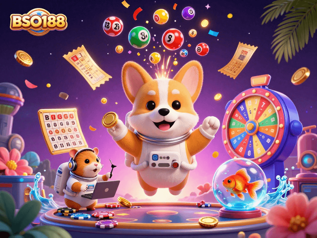 Engage with BSO188 as a lifelike illustration showcases a space casino filled with vibrant lottery elements and fun characters.