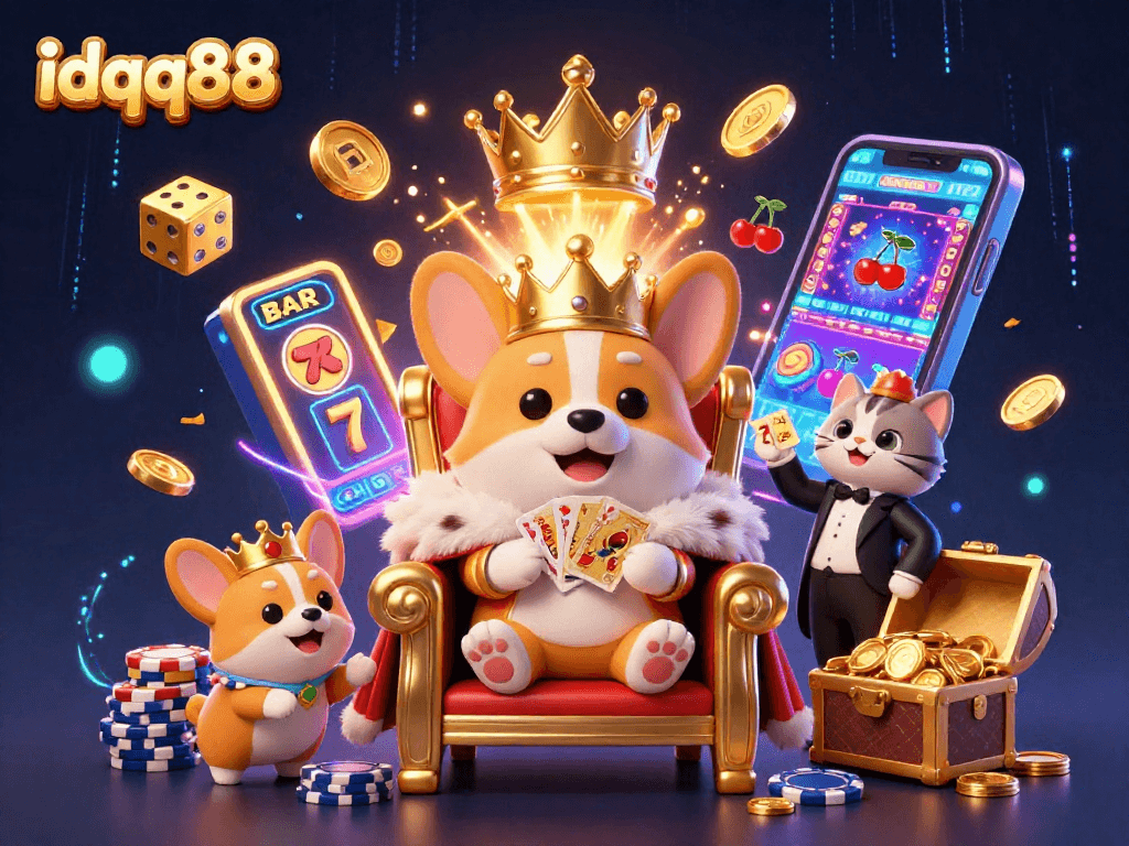 Play slots with idqq88 as a royal corgi reigns over a jackpot explosion in a colorful casino.