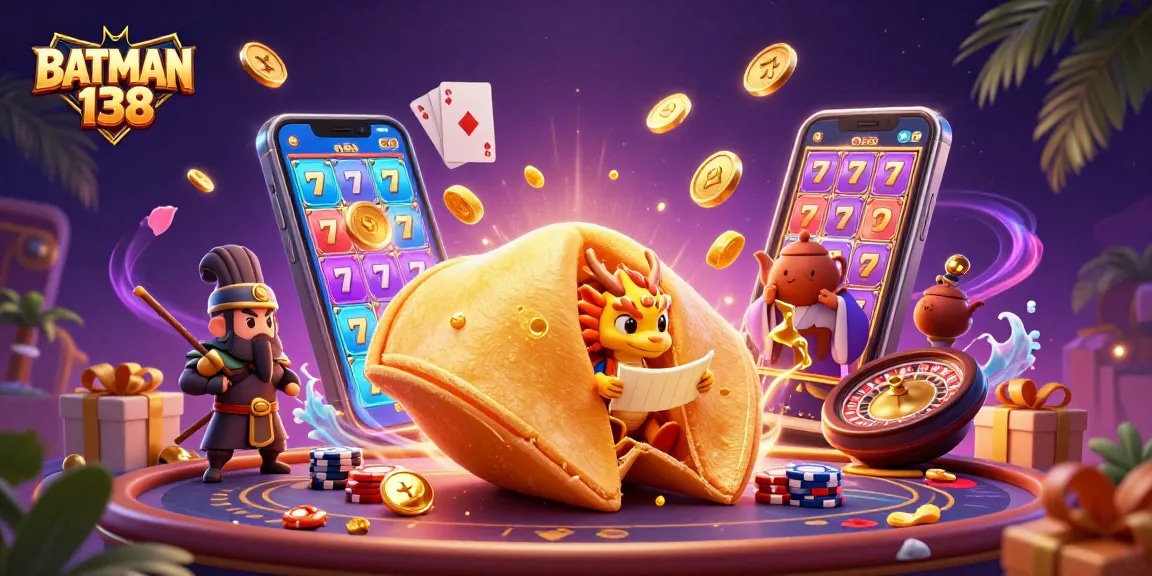 Engage with BATMAN 138 in a lively casino illustration featuring a fortune cookie and dynamic gaming elements.