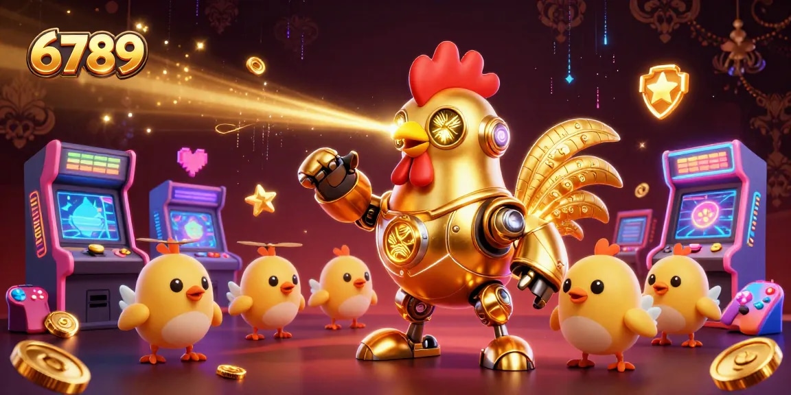 Play thrilling games at 6789 with the lively golden rooster robot and baby chick drones in a vibrant casino scene.