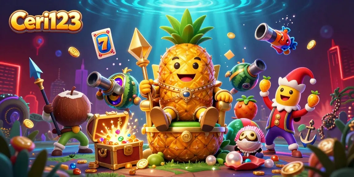 Ceri123 showcases a dynamic scene with a pineapple king and slot machines amidst gold and gems.