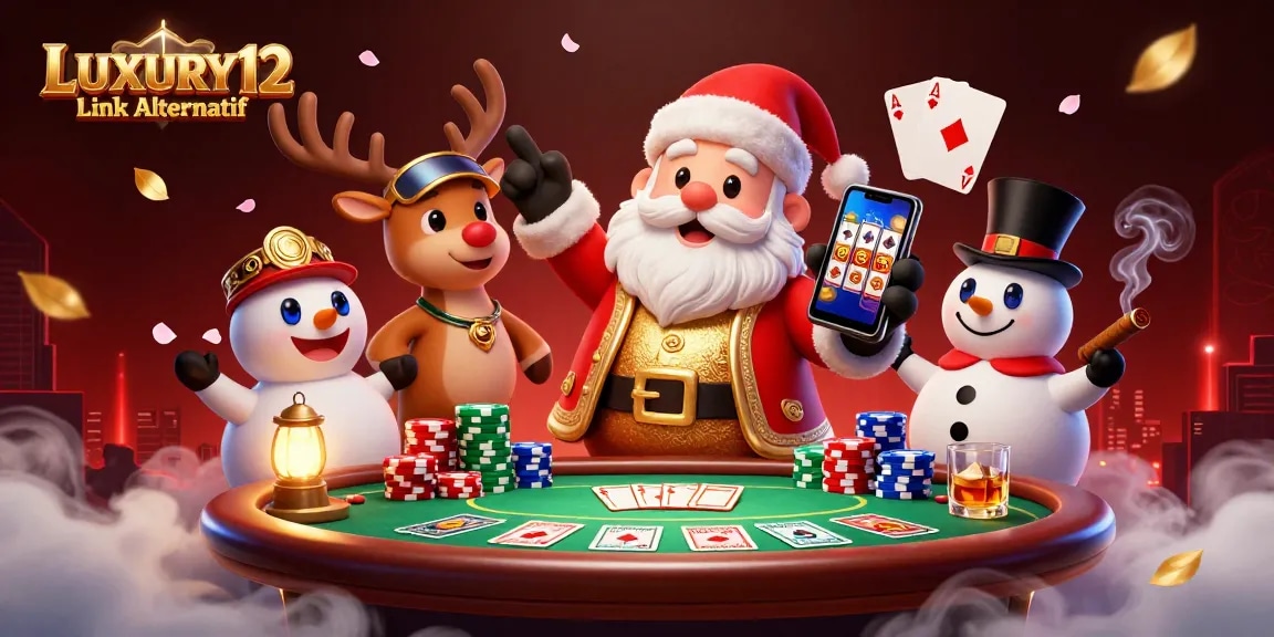 LUXURY12 Link Alternatif showcases Santa and friends amidst vibrant casino action and slot games, promoting exciting gameplay.