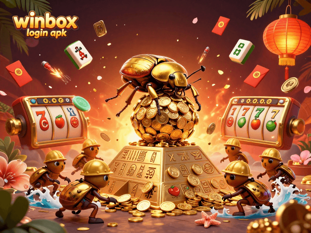 Experience the excitement of winbox login apk with a vibrant casino-themed scene featuring golden beetles.