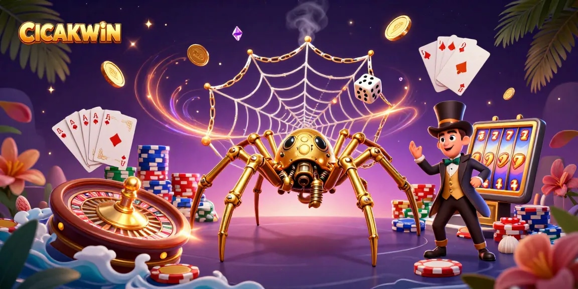 CICAKWIN enhances gameplay with a 3D cartoon spider webbing gold chains and catching dice in a colorful casino scene.