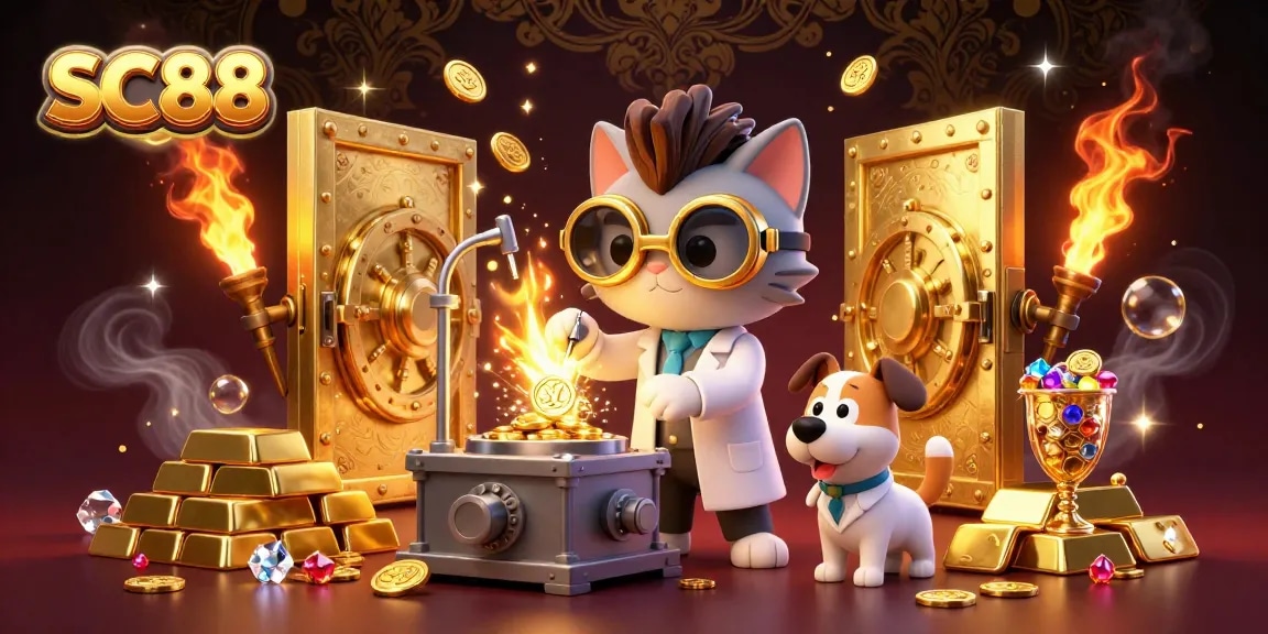 Experience thrilling SC88 casino vibes with a mad scientist cat and dog amid golden treasures.
