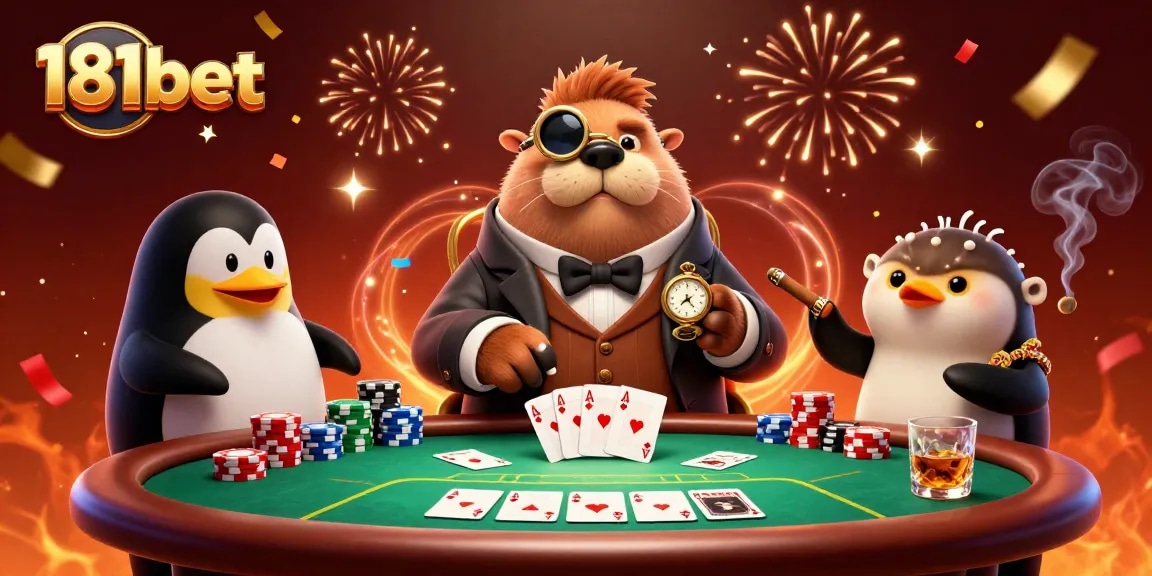 Experience thrilling poker action at 181bet with jolly walrus and sophisticated dealer in vibrant underwater scene.