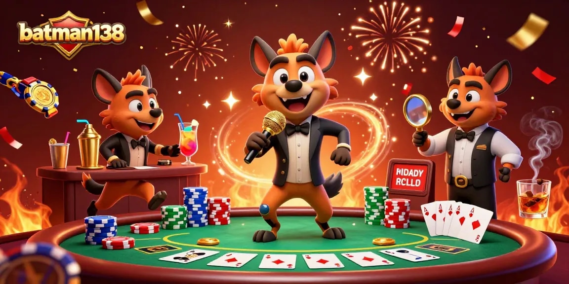 Experience dynamic fun at batman138 with hyenas delivering comedy and mixing drinks in a lively casino scene.