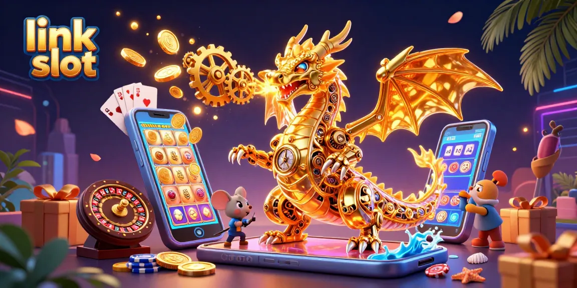 Mencoba link slot dengan dragon emas dan berbagai elemen kasino, slot, dan koin emas