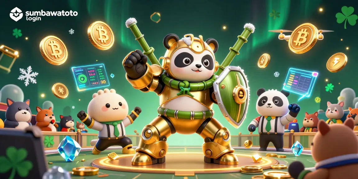 Gambar sumbawatoto login menampilkan panda emas mech-suit dalam pertarungan kasino digital yang menarik.