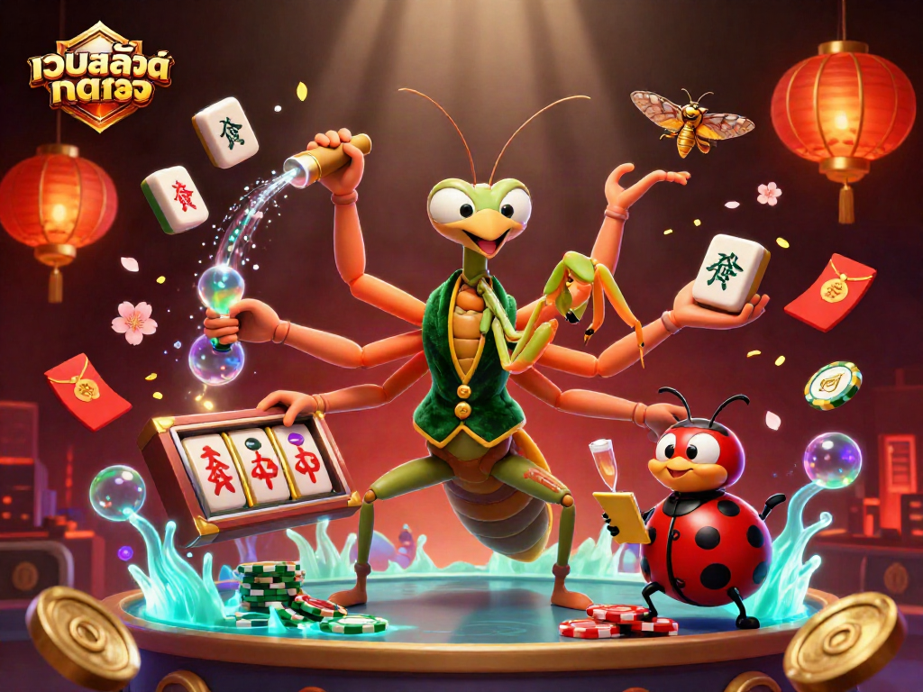 Experience เว็บสล็อตตรง with a vibrant 3D scene featuring slot reels and lively characters.