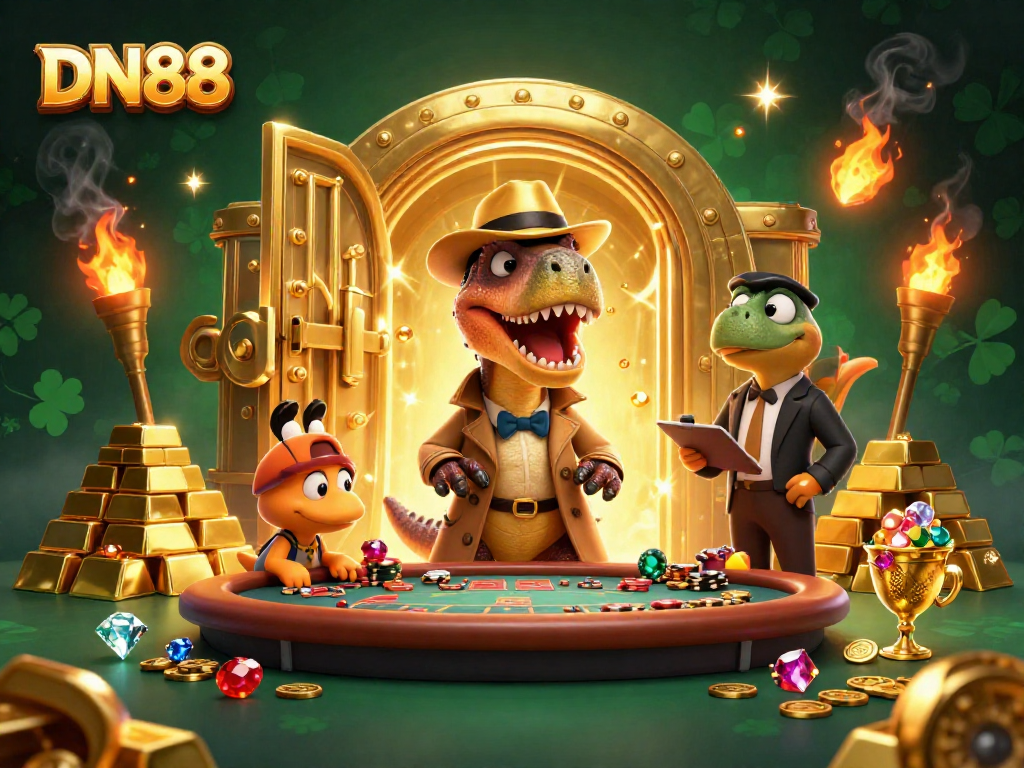 Experience thrilling action at DN88 casino with cartoon characters at a blackjack table.