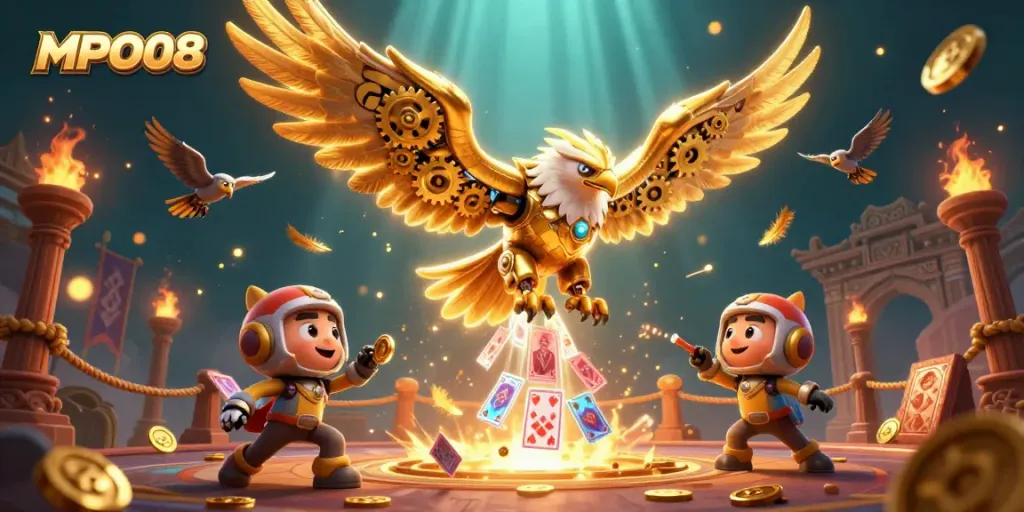 MPO08 captivates players with a dynamic illustration featuring golden eagle characters and casino elements.
