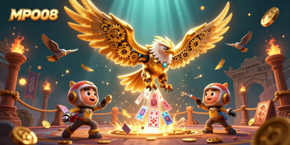 MPO08 captivates players with a dynamic illustration featuring golden eagle characters and casino elements.