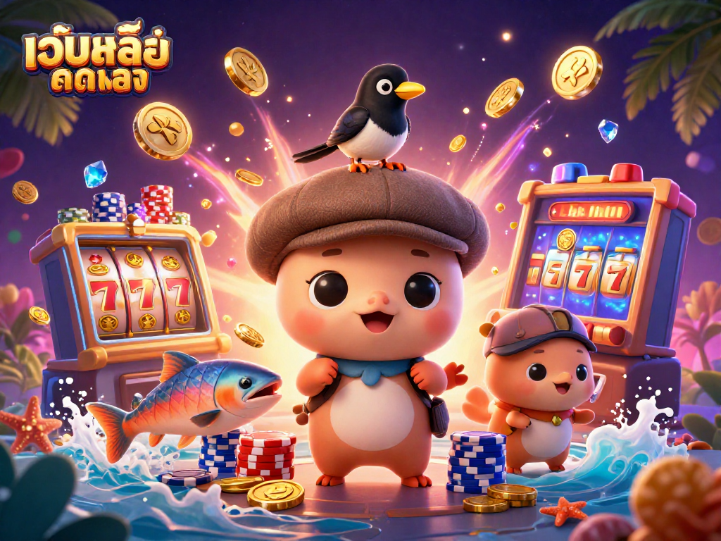 Spin to win with เว็บสล็อตตรง as cute cartoon characters enjoy a vibrant casino scene filled with riches.