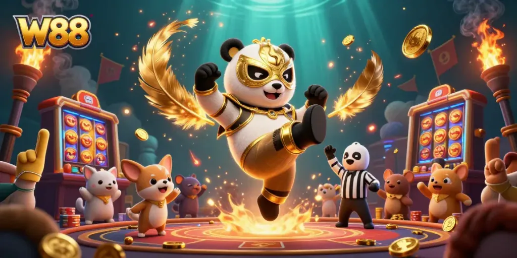 Experience excitement at W88 casino with lively animal characters and gaming elements in action.