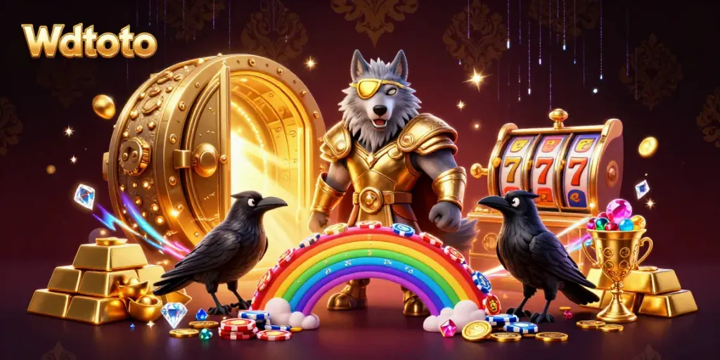 Wdtoto memainkan slot jackpot dengan berjejer simbol keberuntungan dan lampu berkilau