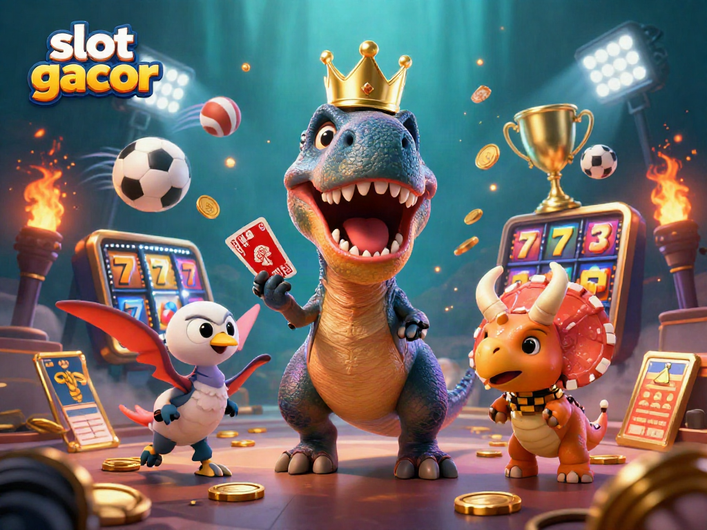 Slot gacor menarik perhatian dengan T-Rex dan triceratops yang penuh chip emas.